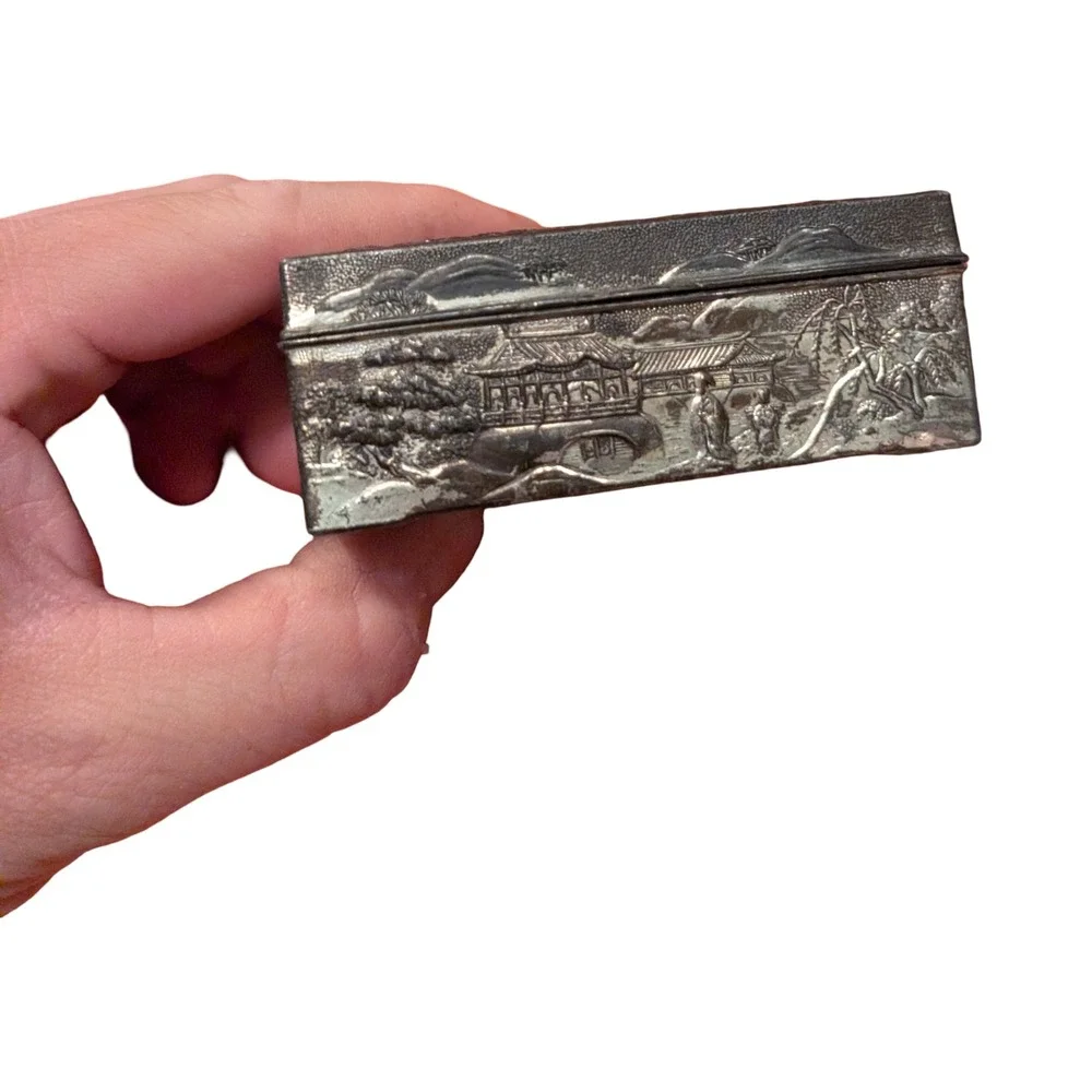 Vintage Japanese Mixed Metal Trinket Box Repousse Scenic‎ Temple Wood Lined